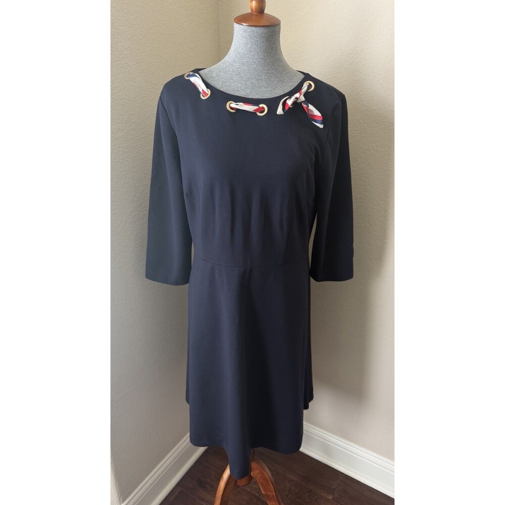 Talbots Women's Size 16 Petite Navy Blue Grommet Scarf Detail Ponte Dress